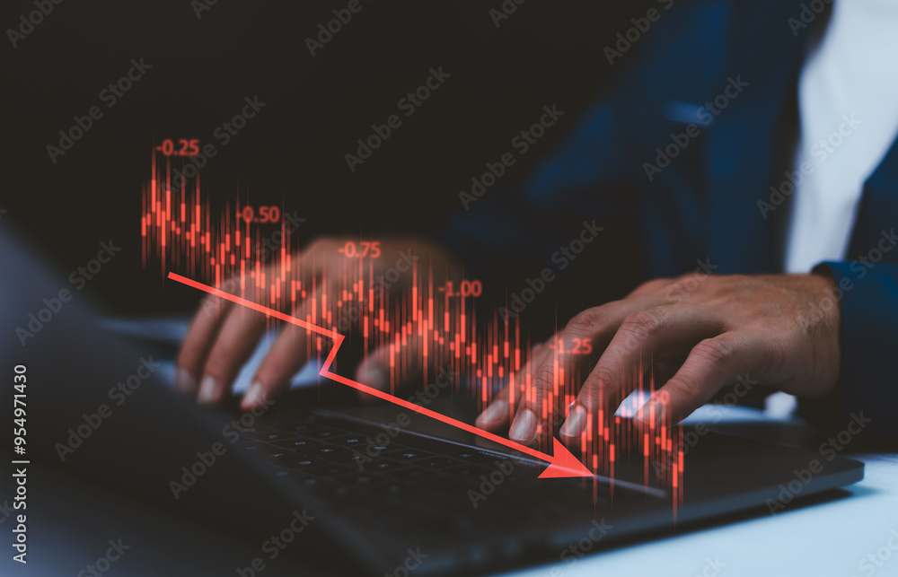 Market collapse, Economic collapse concept, businessman and Crisis chart with downwards arrow, financial problems, recession, debt, inflation, financial crisis economic recession slowing down, etc.