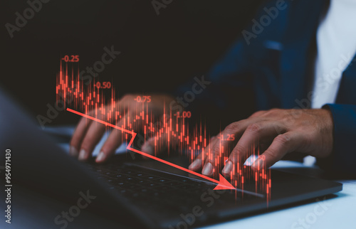 Obraz na płótnie Market collapse, Economic collapse concept, businessman and Crisis chart with downwards arrow, financial problems, recession, debt, inflation, financial crisis economic recession slowing down, etc. w salonie