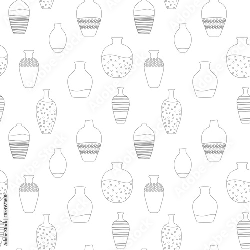 Ceramic linear vessels, vases and jugs on a white background. Vector hand drawn seamless pattern for ceramic studio design.