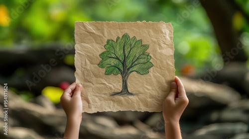 Simple drawing of a tree by a childâ€™s hand on recycled paper, minimal scene with ample copy space around, No logo, No Trademark, No text photo