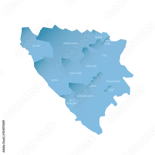 Bosnia and Herzegovina political map of administrative divisions - cantons of Federation of Bosnia and Herzegovina and Republika Srpska. Shaded vector map with 3D-like blue gradient and name labels