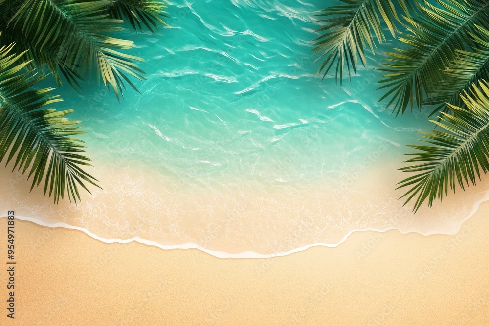 summer beach background of sand, sea and palm leaves , ai summer beach background of sand, sea and palm leaves , ai