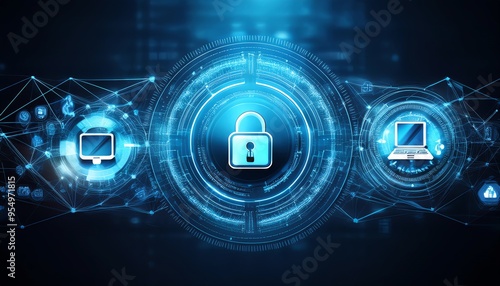 Cyber Security, Internet and Networking on a Dark Blue Background Suitable for Web, Apps, Presentation, or Printable Meanings
