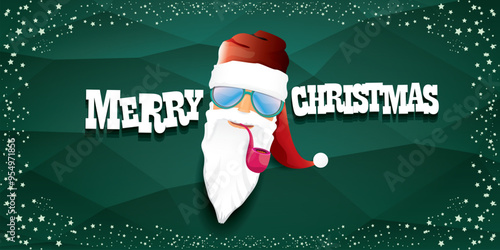vector bad rock n roll dj santa claus with smoking pipe, beard and greeting calligraphic text on green horizontal banner background with stars. Green Christmas party wide poster background, flyer card