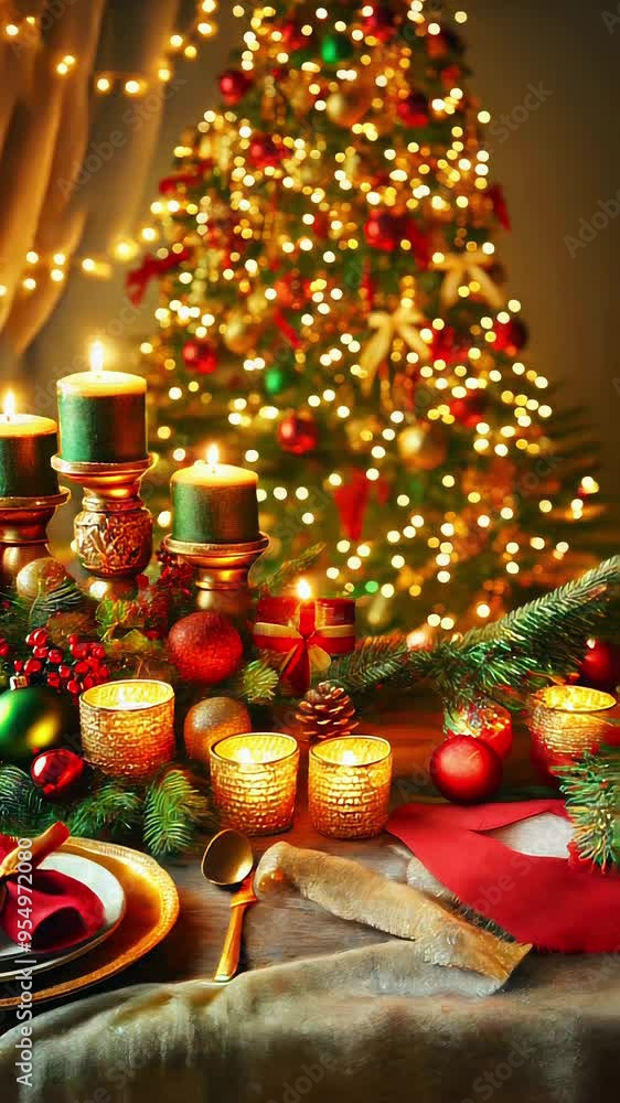 Festive decorated table with a Christmas tree in the background and candles on it. vertical video Festive decorated table with a Christmas tree in the background and candles on it. vertical video