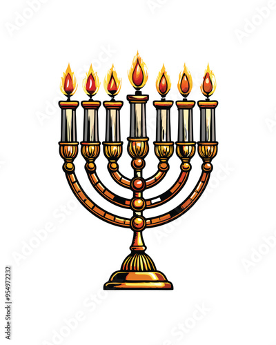 Editable stroke vector of a menorah with lit candles.