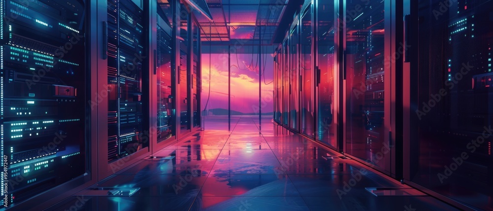 Obraz premium Neon-Lit Server Room With A View
