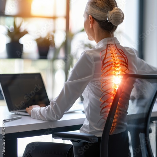 Woman Experiencing Back Pain While Working at Desk
