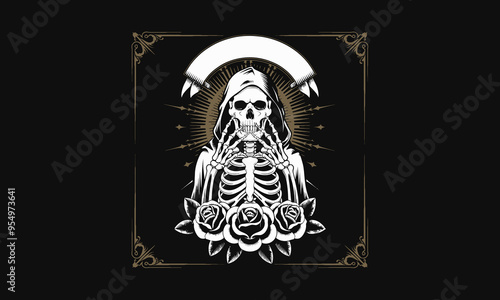 vector graphic features a grim reaper figure, depicted as a skeleton in a hooded robe