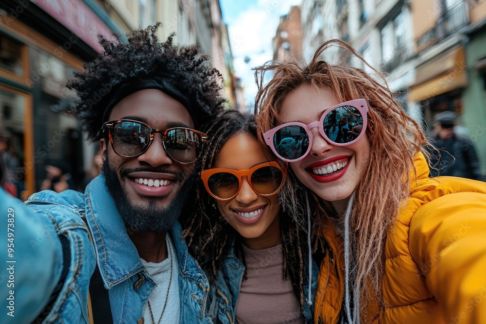 Friends taking a selfie in an urban street showcasing their trendy outfits and sunglasses Friends taking a selfie in an urban street showcasing their trendy outfits and sunglasses