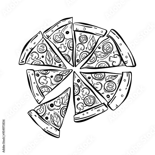 Hand drawn slice of pizza design lineart