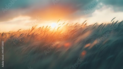 Wind flowing through a field of tall grass at sunset, peaceful nature, fluid movement. 