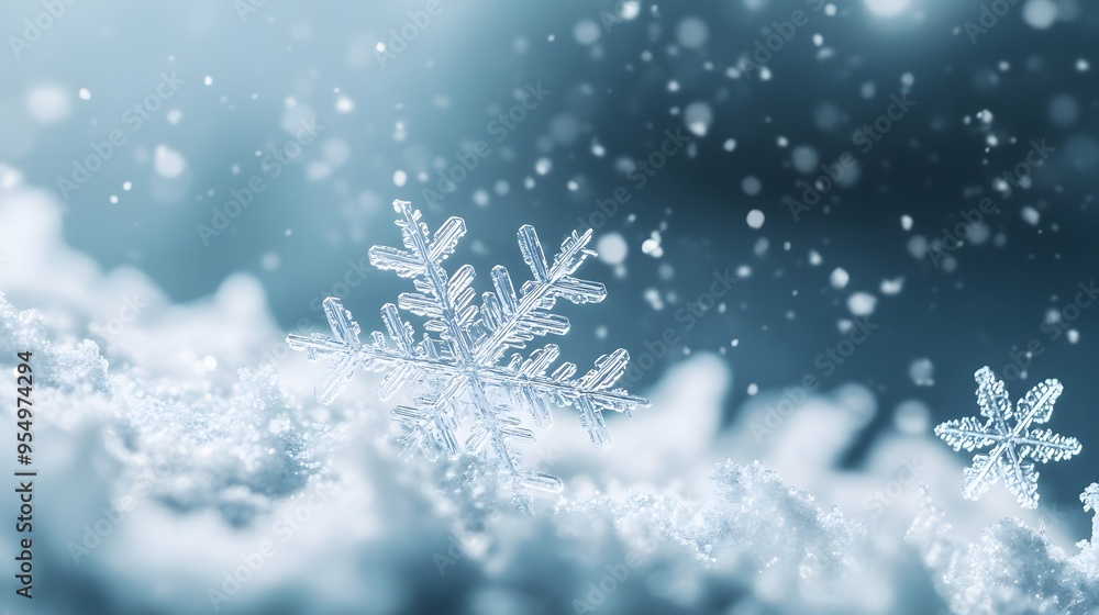 Snowflakes drifting in the wind against a snowy landscape, winter wonder, delicate airflow. Snowflakes drifting in the wind against a snowy landscape, winter wonder, delicate airflow.