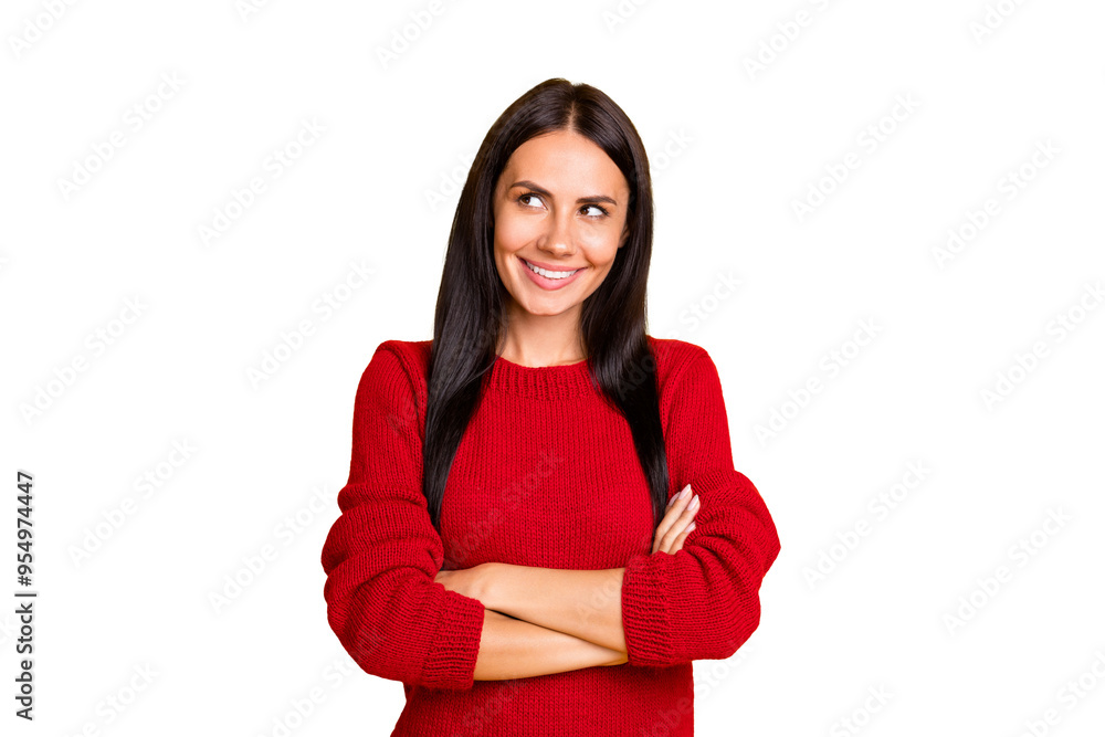 Portrait of cute lady think cross hands wear red pullover isolated over bright color background Portrait of cute lady think cross hands wear red pullover isolated over bright color background