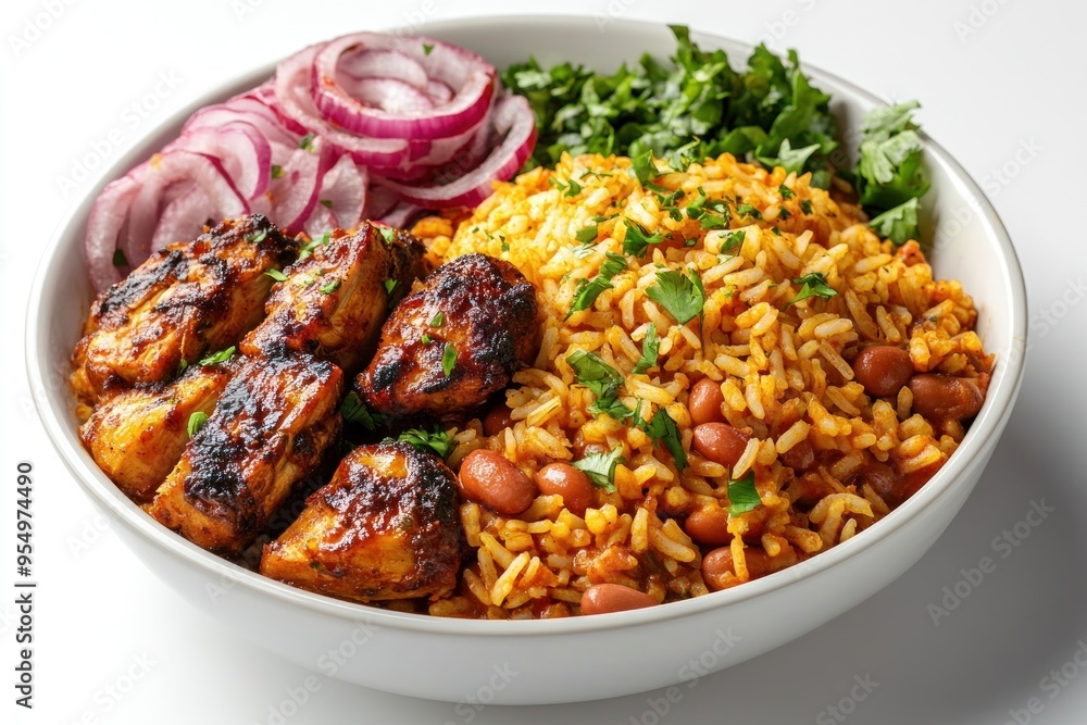 White Bowl with Chicken, Rice, Beans, Onions, and Parsley White Bowl with Chicken, Rice, Beans, Onions, and Parsley