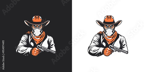 Cowboy with gun mascot logo. Cool bandit cowboy logo design, Western Gunslinger Bandit Wild West Cowboy Gangster with Bandana Scarf Mask