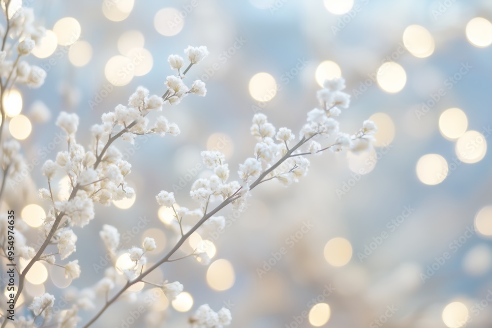 Delicate white flowers against a soft background of shimmering bokeh lights in a serene setting Delicate white flowers against a soft background of shimmering bokeh lights in a serene setting