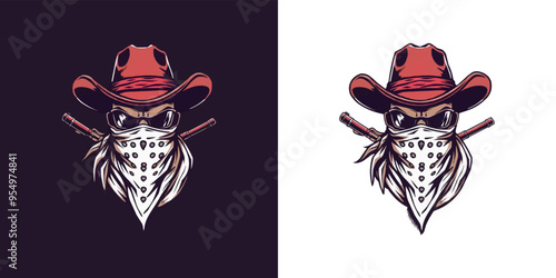 Cowboy mascot logo. Cool bandit cowboy logo design, Western Gunslinger Bandit Wild West Cowboy Gangster with Bandana Scarf Mask