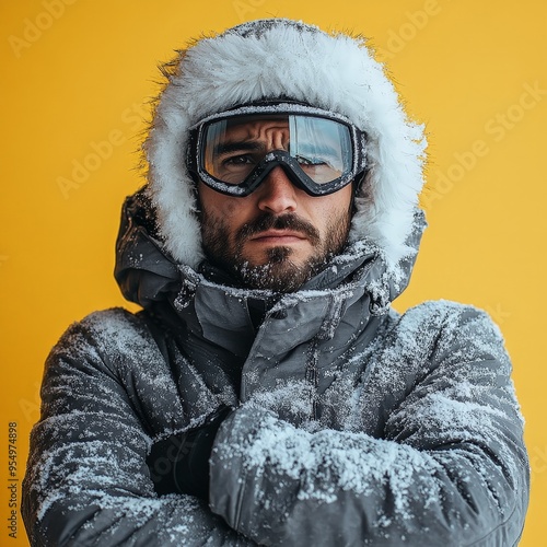 Freezing Man in Winter Gear with Frost and Snow Goggles photo