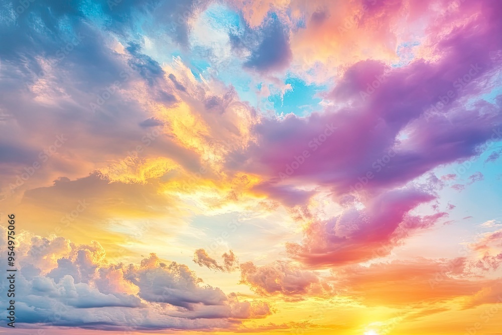 Obraz premium colorful clouds and sky,Dusk, Sunset Sky Clouds in the Evening with colorful Orange, Yellow, Pink and red sunlight and Dramatic storm clouds on Twilight sky, Landscape horizon , ai