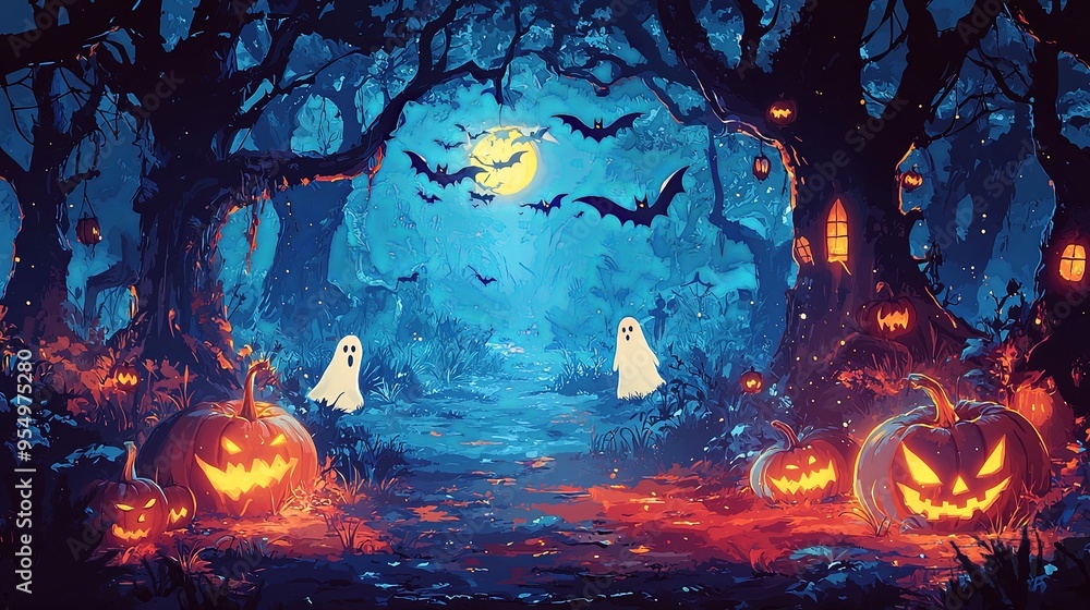 A dark, enchanted forest scene with carved pumpkins, eerie glowing lights, flying bats, and floating ghost images, evoking a Halloween atmosphere. A dark, enchanted forest scene with carved pumpkins, eerie glowing lights, flying bats, and floating ghost images, evoking a Halloween atmosphere.