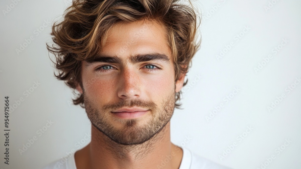 Fototapeta premium A handsome man with tousled hair and a relaxed demeanor, captured in a head-and-shoulders shot with a clear focus on his facial details against a white backdrop.