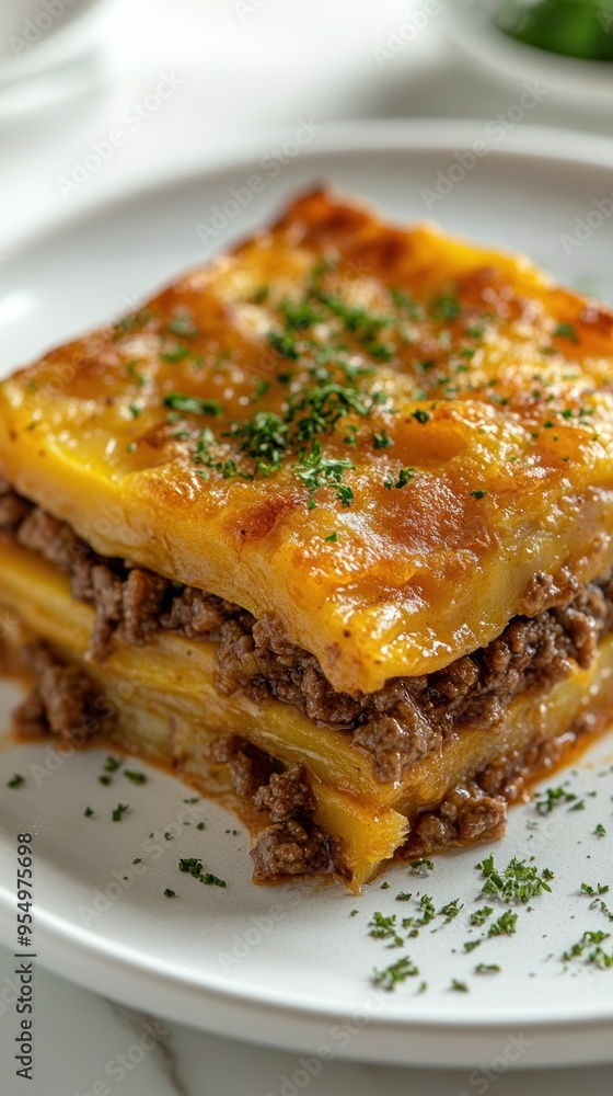 Close-up of a Rustic Potato and Ground Beef Casserole with Parsley Garnish Close-up of a Rustic Potato and Ground Beef Casserole with Parsley Garnish