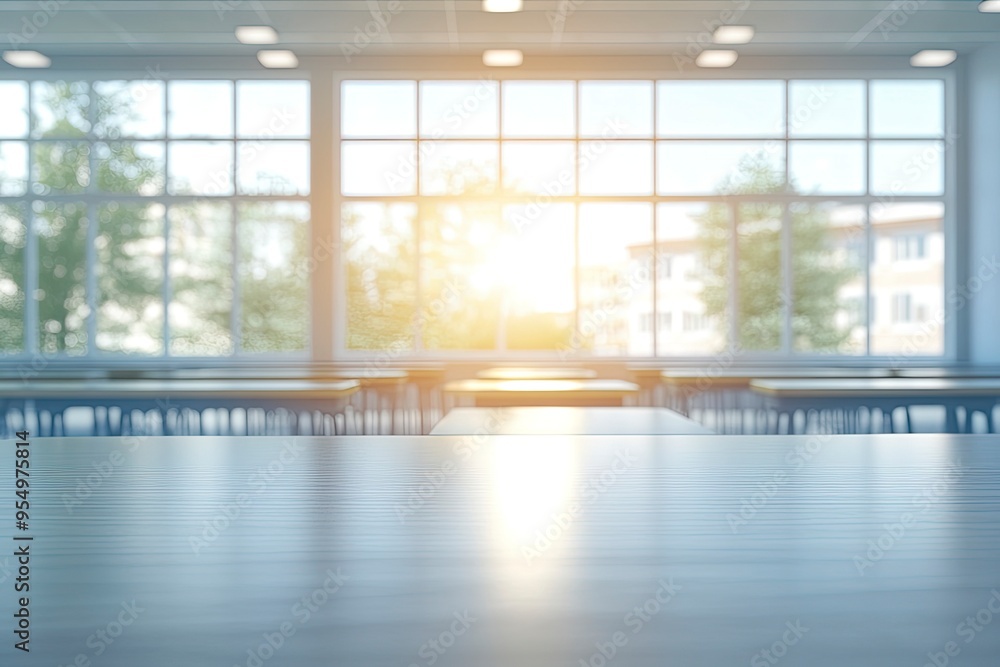 Beautiful blurred background of bright classroom and study room with panoramic windows and beautiful lighting. Blurred Empty school background , ai Beautiful blurred background of bright classroom and study room with panoramic windows and beautiful lighting. Blurred Empty school background , ai