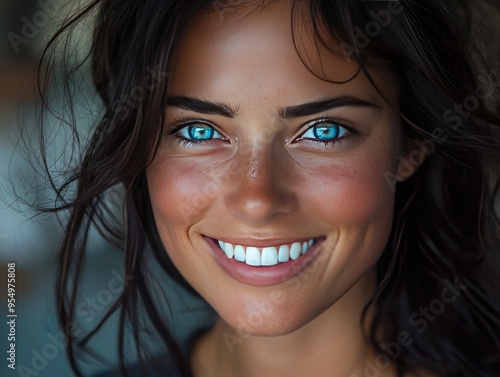 A closeup of a smiling woman with striking blue eyes and flowing dark hair