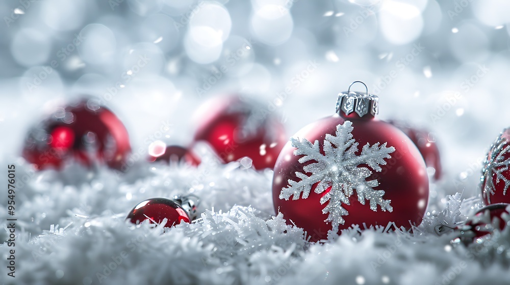 Fototapeta premium Christmas background with red Christmas ornaments and snowflakes on white tinsel, bokeh effect, copy space concept. New Year decoration. 