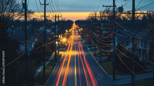 A high-angle view of a street lined with electric poles, captured at dusk with the lights on, emphasizing the role of electricity in daily life. photo