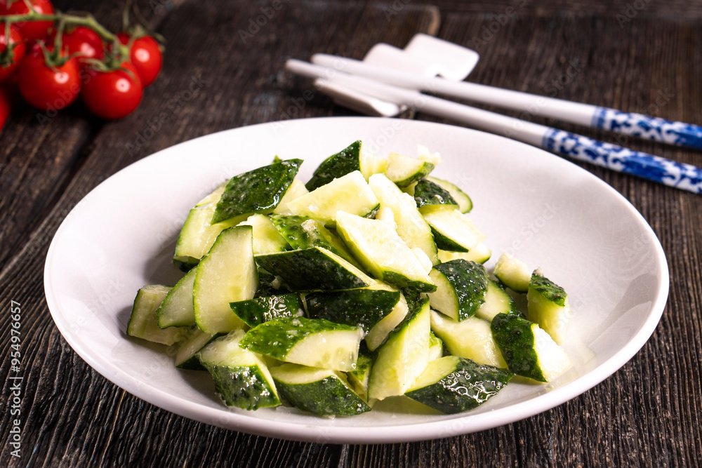 cut cucumbers on a white plate on wood table.Chinese food. food concept. cut cucumbers on a white plate on wood table.Chinese food. food concept.