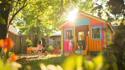 Children enjoy playing around a colorful playhouse in a sunlit backyard, surrounded by greenery and summer light.