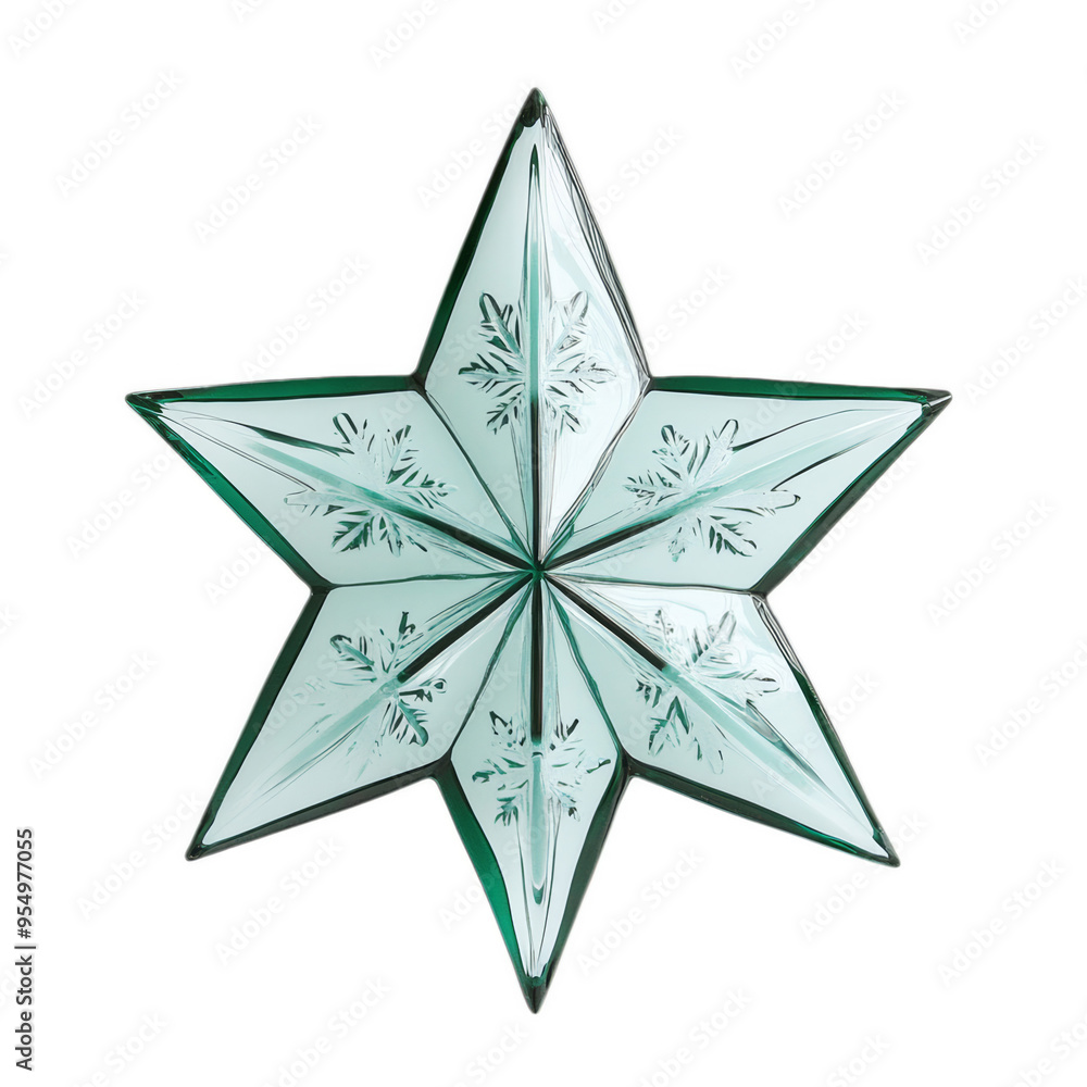 Glass Christmas star with frosted edges and a delicate snowflake pattern on a transparent background Glass Christmas star with frosted edges and a delicate snowflake pattern on a transparent background