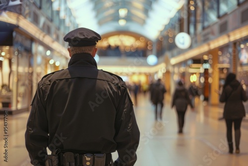 Security guard in black uniform stands in mall