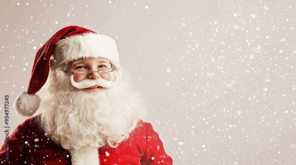 cute Santa Claus standing in a snowy landscape. Santa, dressed in his traditional red suit with a white beard and hat, is smiling warmly as snowflakes gently fall around him. cute Santa Claus standing in a snowy landscape. Santa, dressed in his traditional red suit with a white beard and hat, is smiling warmly as snowflakes gently fall around him.