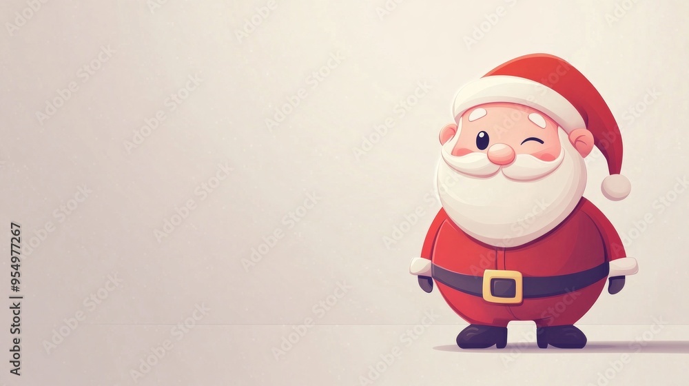 A cute cartoon illustration of Santa Claus standing in a snowy landscape. Santa, dressed in his traditional red suit with a white beard and hat, is smiling warmly as snowflakes A cute cartoon illustration of Santa Claus standing in a snowy landscape. Santa, dressed in his traditional red suit with a white beard and hat, is smiling warmly as snowflakes