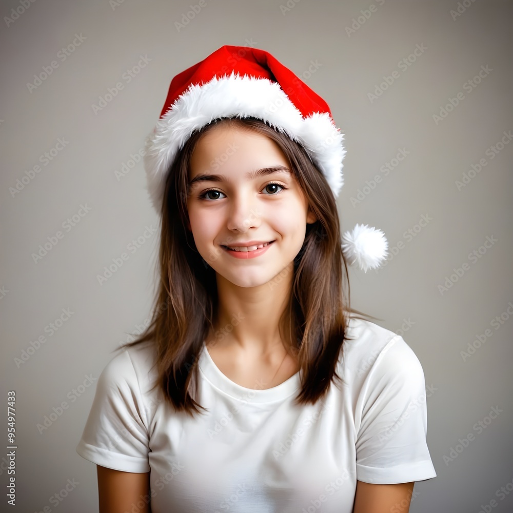 girl with Christmas hat and white thirst smiling girl with Christmas hat and white thirst smiling
