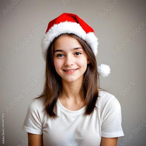 girl with Christmas hat and white thirst smiling