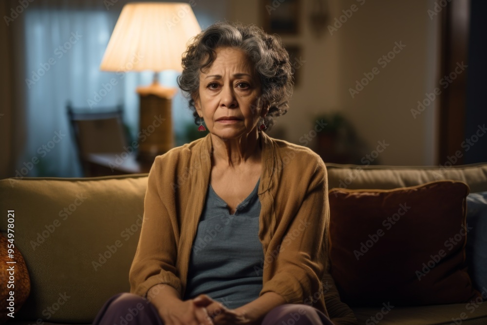 Fototapeta premium Worried Hispanic senior woman sitting on couch at home
