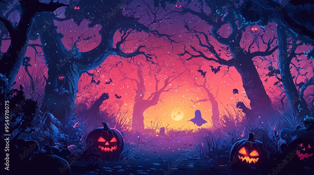 A mysterious, haunted forest glowing in twilight's eerie colors, filled with carved pumpkins and lurking shadows under the watchful glow of the moon, haunted by one ghastly spirit. A mysterious, haunted forest glowing in twilight's eerie colors, filled with carved pumpkins and lurking shadows under the watchful glow of the moon, haunted by one ghastly spirit.