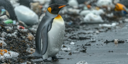 King Penguin Standing in Snowy Landscape with Plastic Debris photo