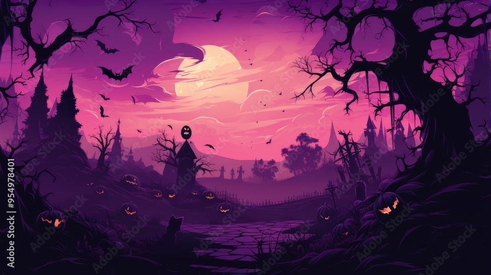 A spooky Halloween landscape featuring a full moon, eerie trees, bats, and carved pumpkins, creating a haunting atmosphere. A spooky Halloween landscape featuring a full moon, eerie trees, bats, and carved pumpkins, creating a haunting atmosphere.