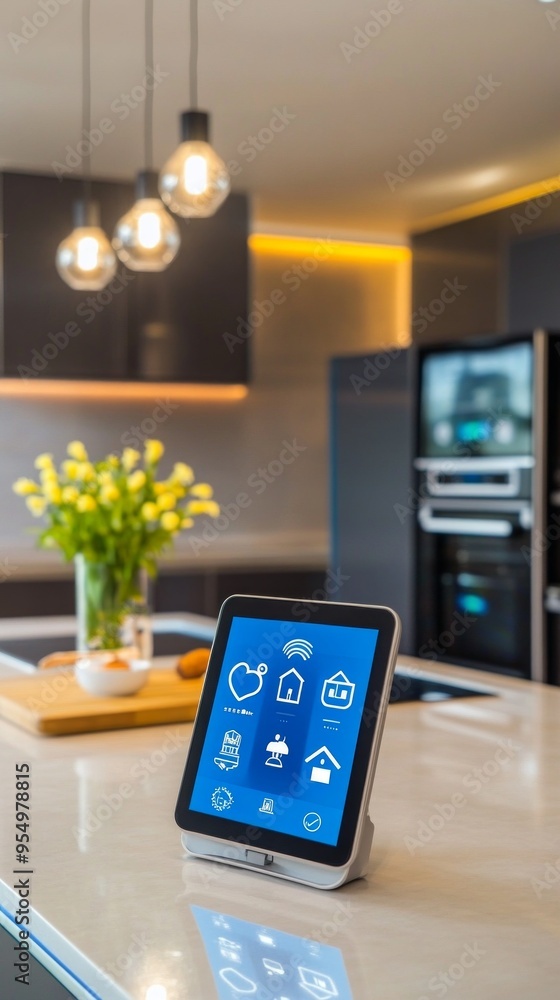 Photo of various smart home gadgets placed on a table with a TV in the background displaying a colorful interface. The image captures the essence of connected living and modern home automation Photo of various smart home gadgets placed on a table with a TV in the background displaying a colorful interface. The image captures the essence of connected living and modern home automation