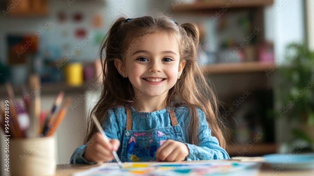 A little girl painting a picture of her family, with bright colors and big smiles, while sitting at a kitchen table. A little girl painting a picture of her family, with bright colors and big smiles, while sitting at a kitchen table.