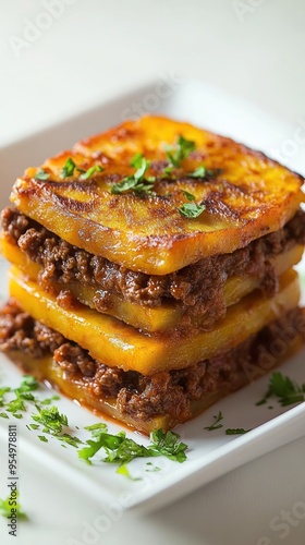 Layered Polenta with Ground Meat and Parsley Garnish