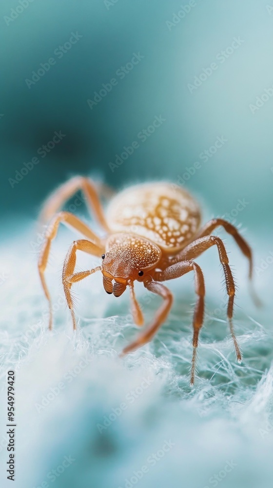 Macro photograph of a single light-colored spider on a blurred blue background, focus on details and texture, spider centered in the frame, vertical image with copy space around the subject Macro photograph of a single light-colored spider on a blurred blue background, focus on details and texture, spider centered in the frame, vertical image with copy space around the subject