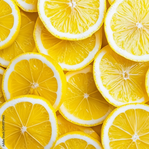 Geometric lemon slice pattern, bright yellow rounds with a crisp white background, clean and fresh look photo