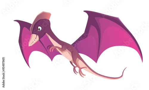 Detailed flat vector illustration of a purple pterodactyl in flight with large wings The dinosaur is shown in a cartoonish style on a white background