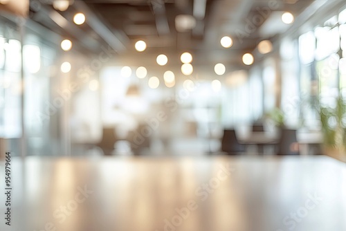 Blurred empty open space office. Abstract light bokeh at office interior background , ai